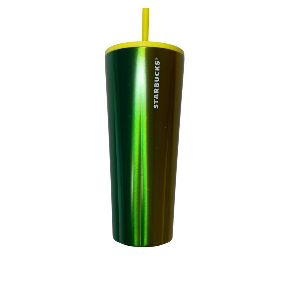 Starbucks 24oz Green Iridescent Cold Cup Tumbler Yellow Lid Straw 2022